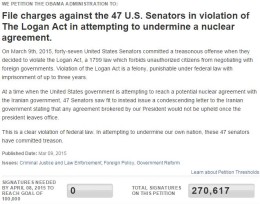 White House petition prosecute 47 senators Iran letter as of 3-13-15