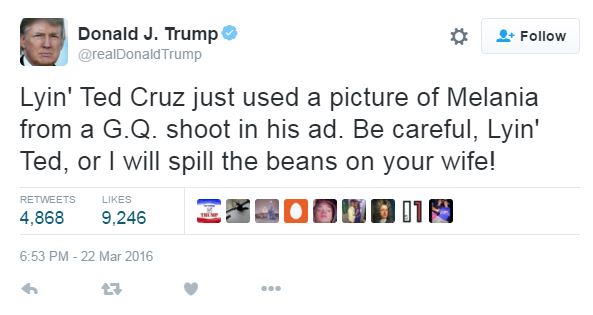 trump tweet cruz wife 032216