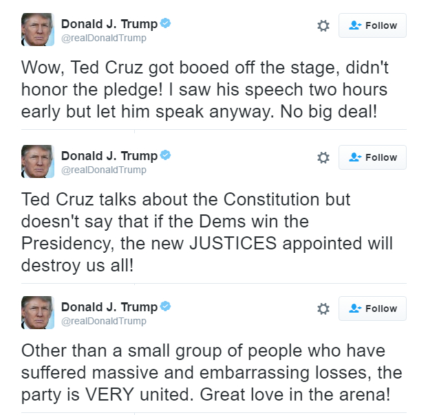 Trump tweets on Ted Cruz booed