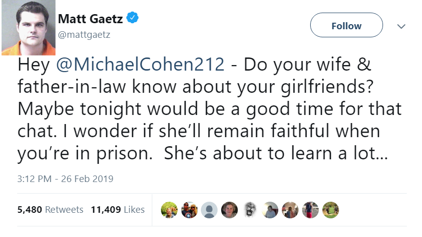  Matt Gaetz threatens Michael Cohen